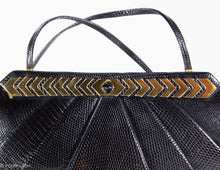 Load image into Gallery viewer, VINTAGE AUTHENTIC JUDITH LEIBER BLACK DECO INSPIRED KARUNG REPTILE SHOULDER/CLUTCH BAG - NEW WITH ORIGINAL ACCESSORIES
