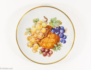 VINTAGE PORCELAIN GERMAN FRUIT PLATES WITH GOLD RIM / SET OF 8