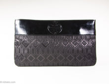 Load image into Gallery viewer, VINTAGE AUTHENTIC TORY BURCH LARGE FABRIC CLUTCH METALLIC BLACK GEOMETRIC PATTERN LEATHER TRIM

