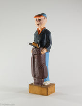 Load image into Gallery viewer, VINTAGE WOODEN HAND CARVED PAINTED FIGURINE/ STATUE 'GOLF BAG AND CLUBS' GOLFER SMOKING CIGAR