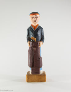 VINTAGE WOODEN HAND CARVED PAINTED FIGURINE/ STATUE 'GOLF BAG AND CLUBS' GOLFER SMOKING CIGAR