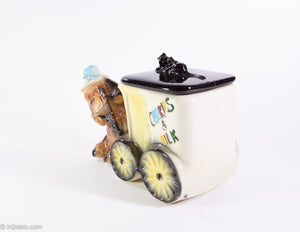 VINTAGE COOKIE JAR DONKEY PULLING COOKIES & MILK WAGON/CART WITH CAT RESTING ON LID
