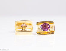 Load image into Gallery viewer, VINTAGE GOLD TONE BRUSHED SHINY CUFFLINKS WITH PURPLE FAUX AMETHYST STONE/ NEW IN BOX
