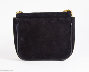 VINTAGE AUTHENTIC PALOMA PICASSO SMALL BLACK SUEDE “KISS" DISCO BAG WITH HEAVY GOLD CHAIN STRAP - 1980s