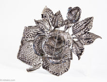 Load image into Gallery viewer, VINTAGE HUGE BLUE ROSE WITH GREEN LEAVES FLOWER RHINESTONE ENCRUSTED PIN/BROOCH