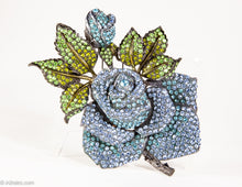 Load image into Gallery viewer, VINTAGE HUGE BLUE ROSE WITH GREEN LEAVES FLOWER RHINESTONE ENCRUSTED PIN/BROOCH