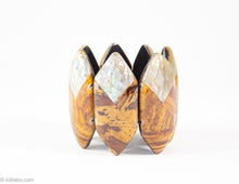 Load image into Gallery viewer, VINTAGE WOOD-TONES RESIN AND ABALONE POINTED OVALS STRETCH BRACELET