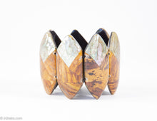 Load image into Gallery viewer, VINTAGE WOOD-TONES RESIN AND ABALONE POINTED OVALS STRETCH BRACELET