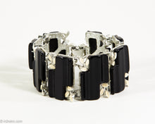 Load image into Gallery viewer, VINTAGE BLACK THERMOSET LUCITE WITH BEIGE ENAMEL LEAVES SILVER TONE LINKS BRACELET/ 1950s