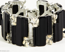 Load image into Gallery viewer, VINTAGE BLACK THERMOSET LUCITE WITH BEIGE ENAMEL LEAVES SILVER TONE LINKS BRACELET/ 1950s