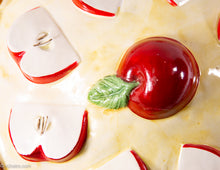 Load image into Gallery viewer, VINTAGE CERAMIC PIE STORAGE/SERVING DISH WITH APPLIED APPLES LID/ ORIGINAL LABEL
