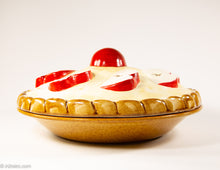Load image into Gallery viewer, VINTAGE CERAMIC PIE STORAGE/SERVING DISH WITH APPLIED APPLES LID/ ORIGINAL LABEL
