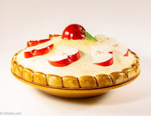 Load image into Gallery viewer, VINTAGE CERAMIC PIE STORAGE/SERVING DISH WITH APPLIED APPLES LID/ ORIGINAL LABEL