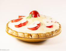 Load image into Gallery viewer, VINTAGE CERAMIC PIE STORAGE/SERVING DISH WITH APPLIED APPLES LID/ ORIGINAL LABEL