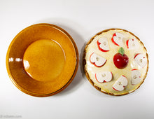Load image into Gallery viewer, VINTAGE CERAMIC PIE STORAGE/SERVING DISH WITH APPLIED APPLES LID/ ORIGINAL LABEL