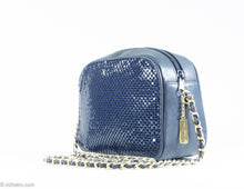 Load image into Gallery viewer, VINTAGE &quot;WHITING AND DAVIS&quot; SHOULDER/CROSSBODY BAG NAVY BLUE METAL MESH LEATHER CAMERA GOLD CHAIN
