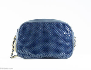 VINTAGE "WHITING AND DAVIS" SHOULDER/CROSSBODY BAG NAVY BLUE METAL MESH LEATHER CAMERA GOLD CHAIN