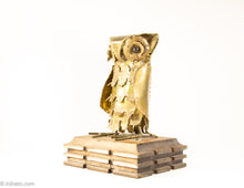 Load image into Gallery viewer, VINTAGE MIDCENTURY BRUTALIST COPPER OWL SCULPTURE/ STATUE/ FIGURINE ON WOOD BASE WITH BEAD EYES