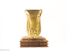 Load image into Gallery viewer, VINTAGE MIDCENTURY BRUTALIST COPPER OWL SCULPTURE/ STATUE/ FIGURINE ON WOOD BASE WITH BEAD EYES