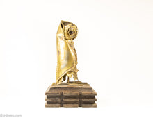Load image into Gallery viewer, VINTAGE MIDCENTURY BRUTALIST COPPER OWL SCULPTURE/ STATUE/ FIGURINE ON WOOD BASE WITH BEAD EYES