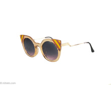 Load image into Gallery viewer, VINTAGE CAT EYE SUNGLASSES WITH TAN STRIPED TEMPLES GOLD METAL ARMS
