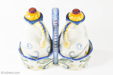 Load image into Gallery viewer, VINTAGE FITZ AND FLOYD RICAMO CERAMIC OIL & VINEGAR 5 PIECE SET TUSCAN DESIGN/ ORIGINAL LABELS