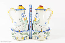 Load image into Gallery viewer, VINTAGE FITZ AND FLOYD RICAMO CERAMIC OIL & VINEGAR 5 PIECE SET TUSCAN DESIGN/ ORIGINAL LABELS