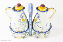 Load image into Gallery viewer, VINTAGE FITZ AND FLOYD RICAMO CERAMIC OIL & VINEGAR 5 PIECE SET TUSCAN DESIGN/ ORIGINAL LABELS