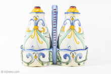 Load image into Gallery viewer, VINTAGE FITZ AND FLOYD RICAMO CERAMIC OIL & VINEGAR 5 PIECE SET TUSCAN DESIGN/ ORIGINAL LABELS