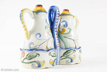 Load image into Gallery viewer, VINTAGE FITZ AND FLOYD RICAMO CERAMIC OIL & VINEGAR 5 PIECE SET TUSCAN DESIGN/ ORIGINAL LABELS