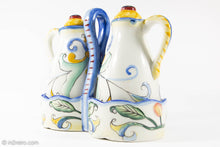 Load image into Gallery viewer, VINTAGE FITZ AND FLOYD RICAMO CERAMIC OIL & VINEGAR 5 PIECE SET TUSCAN DESIGN/ ORIGINAL LABELS