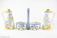 Load image into Gallery viewer, VINTAGE FITZ AND FLOYD RICAMO CERAMIC OIL & VINEGAR 5 PIECE SET TUSCAN DESIGN/ ORIGINAL LABELS