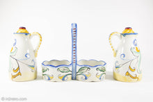 Load image into Gallery viewer, VINTAGE FITZ AND FLOYD RICAMO CERAMIC OIL & VINEGAR 5 PIECE SET TUSCAN DESIGN/ ORIGINAL LABELS