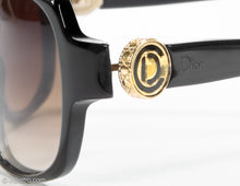 Load image into Gallery viewer, VINTAGE CHRISTIAN DIOR BLACK WOMENS SUNGLASSES WITH GOLD INSIGNIA TEMPLES | DIOR CLOTH DRAWSTRING POLISHING &amp; STORAGE POUCH

