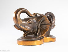 Load image into Gallery viewer, PAIR OF VINTAGE "TRUNKS-UP/ GOOD LUCK" COPPER/BRASS METAL ELEPHANT HEAD BOOKENDS