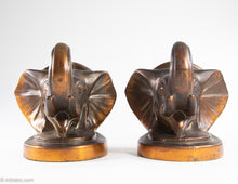 Load image into Gallery viewer, PAIR OF VINTAGE "TRUNKS-UP/ GOOD LUCK" COPPER/BRASS METAL ELEPHANT HEAD BOOKENDS