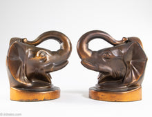 Load image into Gallery viewer, PAIR OF VINTAGE "TRUNKS-UP/ GOOD LUCK" COPPER/BRASS METAL ELEPHANT HEAD BOOKENDS