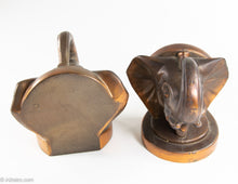 Load image into Gallery viewer, PAIR OF VINTAGE "TRUNKS-UP/ GOOD LUCK" COPPER/BRASS METAL ELEPHANT HEAD BOOKENDS