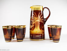 Load image into Gallery viewer, FRIEDERICH EGERMANN CZECH BOHEMIAN ETCHED 24K GOLD LEAF & CRYSTAL 7 PIECE SET | 1 PITCHER & 6 GLASS SET | VINTAGE