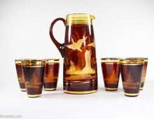 Load image into Gallery viewer, FRIEDERICH EGERMANN CZECH BOHEMIAN ETCHED 24K GOLD LEAF & CRYSTAL 7 PIECE SET | 1 PITCHER & 6 GLASS SET | VINTAGE