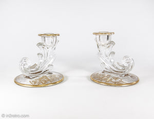 FOSTORIA BAROQUE GLASS CANDLESTICKS WITH GOLD OVERLAY | SET OF TWO