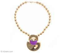 Load image into Gallery viewer, VINTAGE POLISHED GOLD BEADS PURPLE FAUX SUEDE BOLD PENDANT NECKLACE
