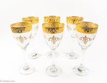 Load image into Gallery viewer, VINTAGE GOLD DECORATED WINE STEMWARE WITH TWISTED STEMS SET OF SIX/ ITALY?