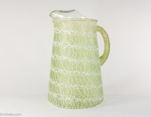 Load image into Gallery viewer, VINTAGE SET OF SPAGHETTI STRING GREEN GLASS PITCHER AND 6 COLORFUL GLASSES/TUMBLERS- 1960S
