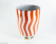 Load image into Gallery viewer, STRIKING BOLD RED/WHITE STRIPED FRENCH VASE WITH GOLD BOTTOM ACCENT | SIGNED FREDRICK DELUCA, PARIS

