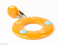 Load image into Gallery viewer, VINTAGE MOD BUTTERSCOTCH BAKELITE EMBELLISHED/ APPLIED POP FLOWERS CLIP-ON DANGLE EARRINGS - 1960s-1970s