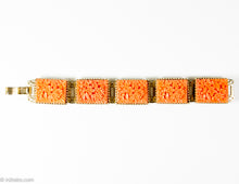 Load image into Gallery viewer, VINTAGE FAUX CORAL CARVED CELLULOID FLOWER STATIONS GOLD TONE BRACELET/ 1950s-1960s
