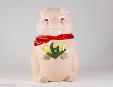Load image into Gallery viewer, VINTAGE HAPPY PINK PIG WITH RED SCARF/ BANDANA HOLDING BOUQUET OF YELLOW CORN COOKIE JAR