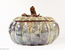 Load image into Gallery viewer, LARGE CERAMIC MOTTLED BROWN/GREY GLAZED PUMPKIN SHAPED TUREEN WITH BROWN LEAF HANDLED LID
