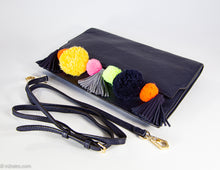 Load image into Gallery viewer, VINTAGE AUTHENTIC REBECCA MINKOFF BLACK PEBBLE LEATHER POMPOM &amp; TASSEL CLUTCH WITH DETACHABLE STRAP
